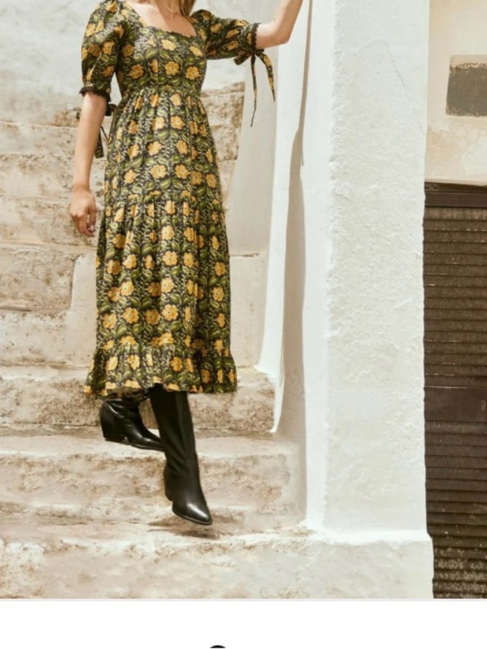 Eddy Smocked Square-Neck Maxi Dress in Olive with Yellow Floral